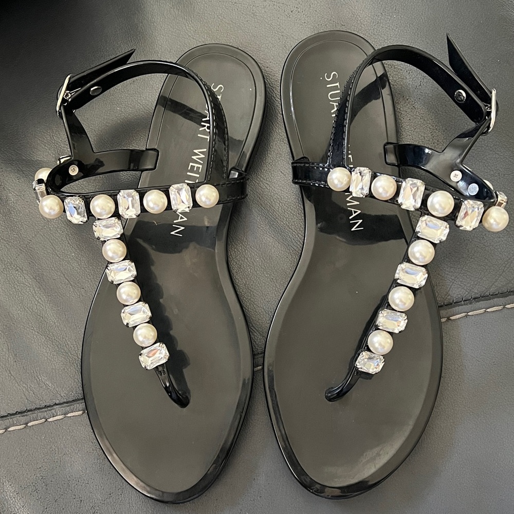 Stuart Weitzman Black Jeweled Pearl T-Strap Sandals with Crystal Accents